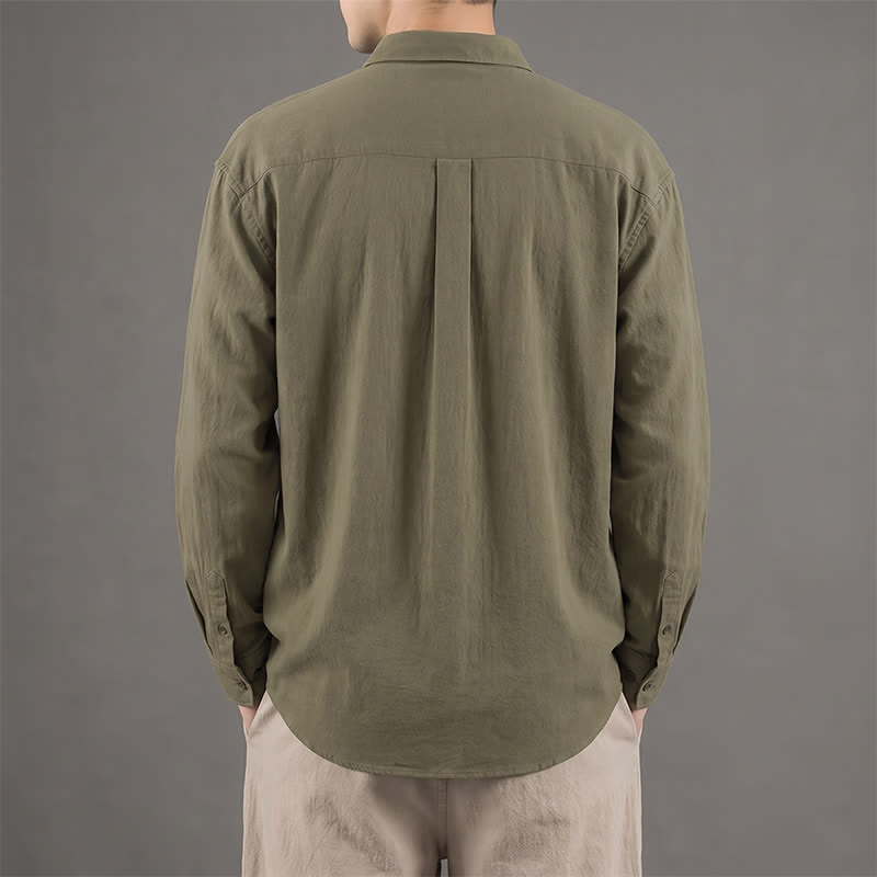 Buddha Stones Spring Fall Casual Button-Up Solid Cotton Men's Long Sleeve Shirts With Patch Pocket - image 1