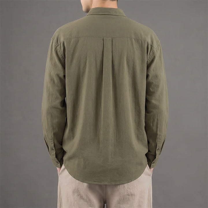 Buddha Stones Spring Fall Casual Button-Up Solid Cotton Men's Long Sleeve Shirts With Patch Pocket - image 1