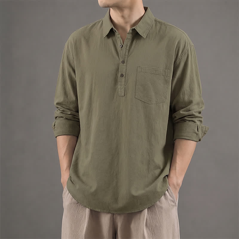 Buddha Stones Spring Fall Casual Button-Up Solid Cotton Men's Long Sleeve Shirts With Patch Pocket - DarkOliveGreen - US/UK/AU42, EU52 (3XL) - image 0