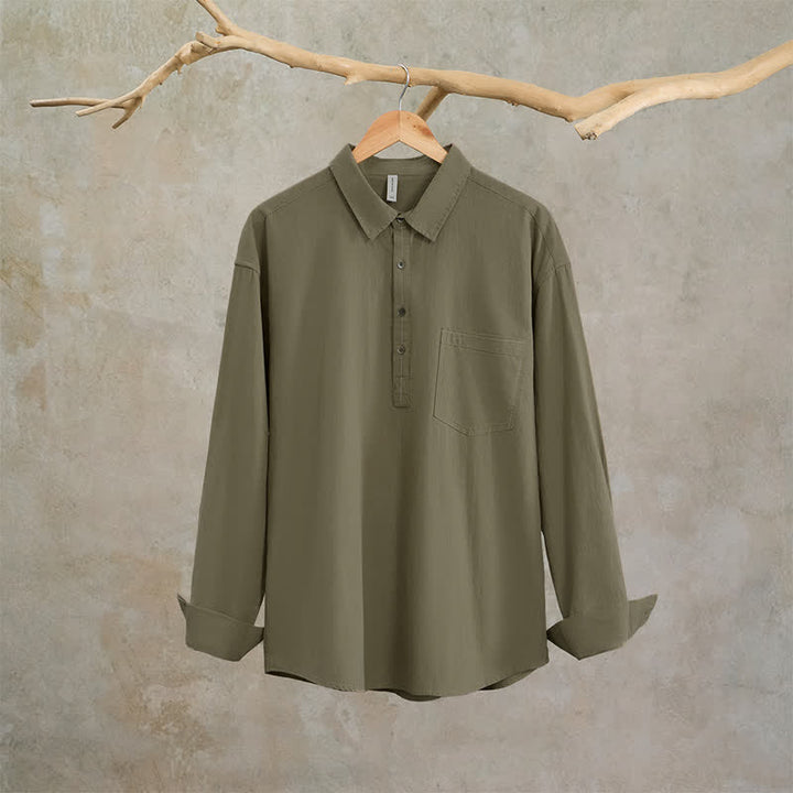 Buddha Stones Spring Fall Casual Button-Up Solid Cotton Men's Long Sleeve Shirts With Patch Pocket - image 2