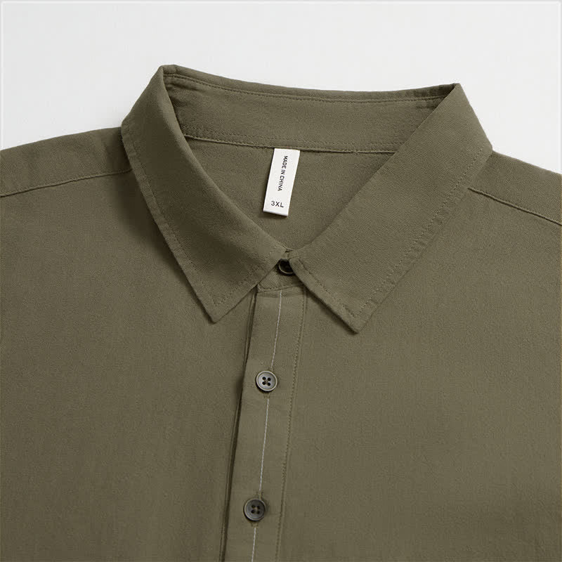 Buddha Stones Spring Fall Casual Button-Up Solid Cotton Men's Long Sleeve Shirts With Patch Pocket - image 7