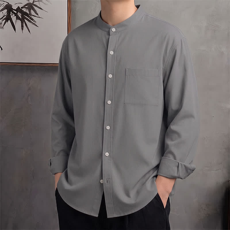 Buddha Stones Spring Fall Casual Tang Style Mandarin Collar Solid Men's Long Sleeve Shirts With Patch Pocket - Gray - US/UK/AU42, EU52 (3XL) - image 20