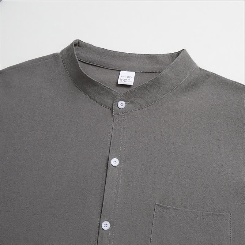 Buddha Stones Spring Fall Casual Tang Style Mandarin Collar Solid Men's Long Sleeve Shirts With Patch Pocket - image 24
