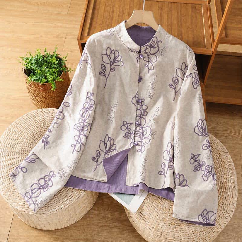 Buddha Stones Fall Vintage Tang Style Reversible Design Embroidery Frog Button Floral Women's Long Sleeve Shirts With Pockets - Lavender - US8-10，UK/AU12-14，EU40-42 (2XL) - image 0