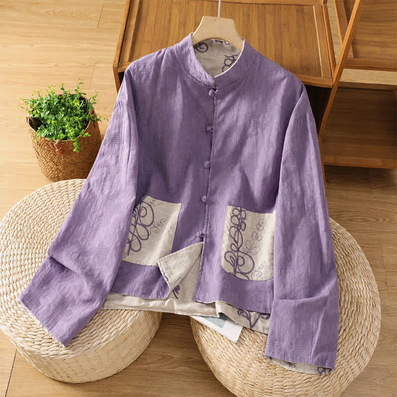 Buddha Stones Fall Vintage Tang Style Reversible Design Embroidery Frog Button Floral Women's Long Sleeve Shirts With Pockets - image 1
