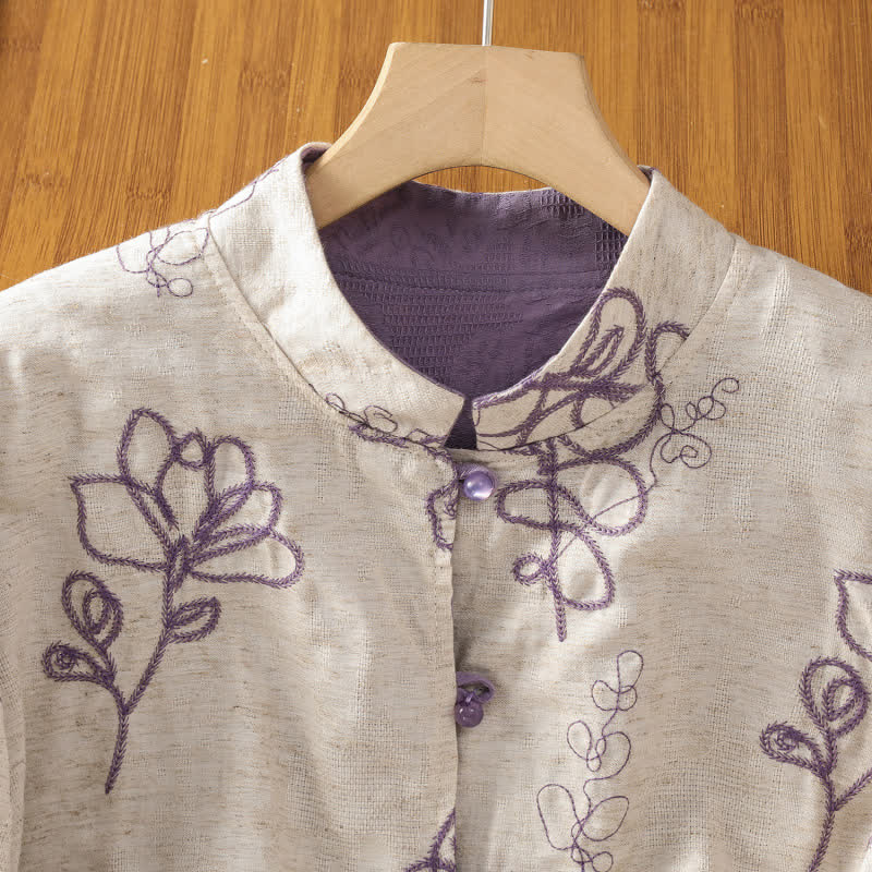 Buddha Stones Fall Vintage Tang Style Reversible Design Embroidery Frog Button Floral Women's Long Sleeve Shirts With Pockets - image 4