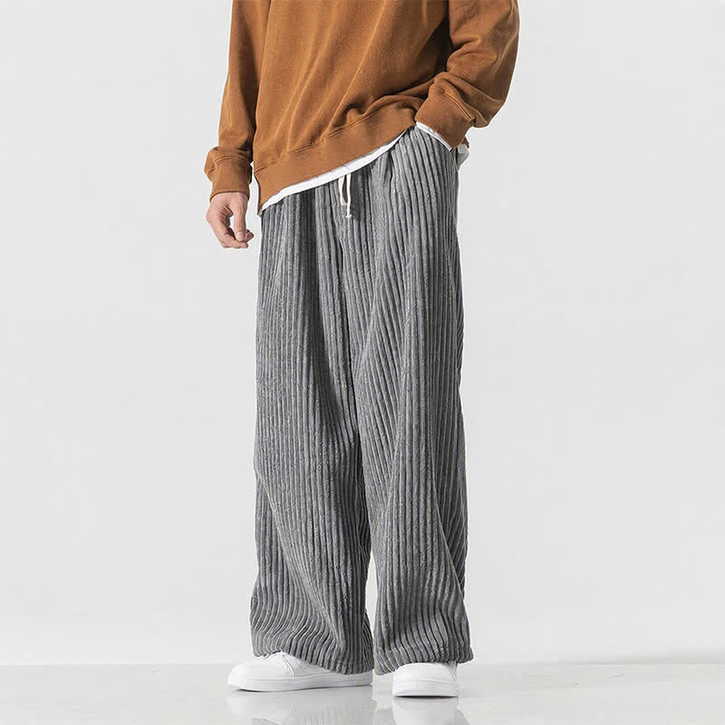 Buddha Stones Fall Winter Casual Vintage Drawstring Solid Long Pants Corduroy Men's Wide Leg Pants With Pocket - Gray - US/UK/AU46，EU56 (5XL) - image 0