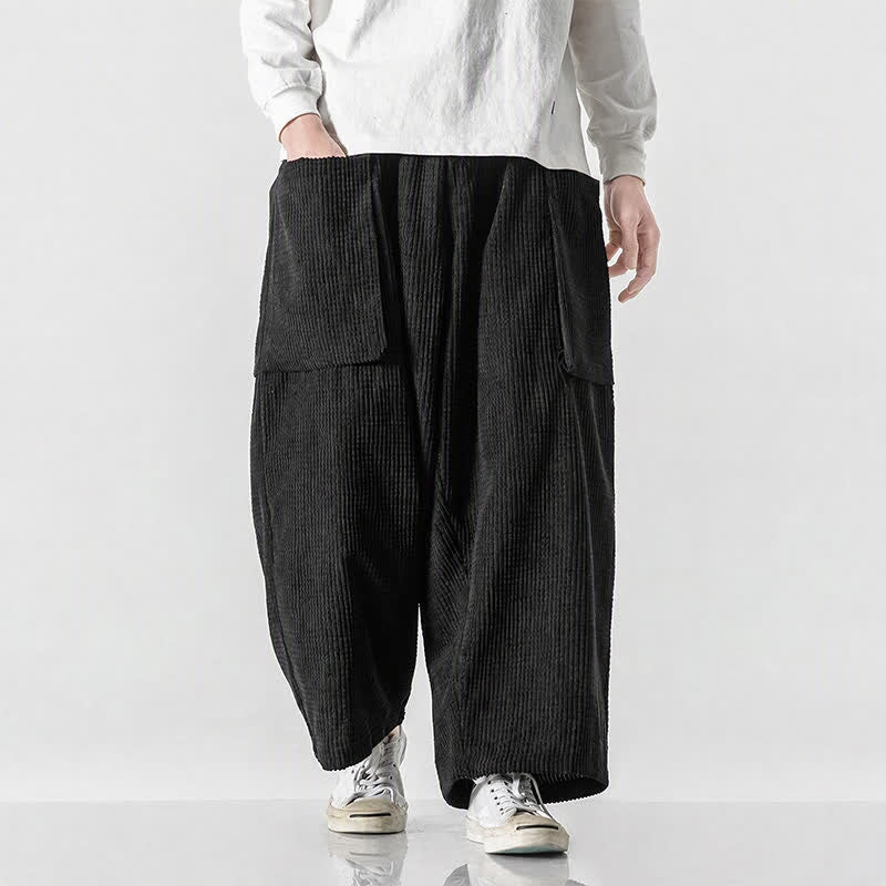Buddha Stones Fall Winter Vintage Minimalist Drawstring Solid Ankle Pants Corduroy Men's Wide Leg Pants With Pockets - Black - US/UK/AU46，EU56 (5XL) - image 0