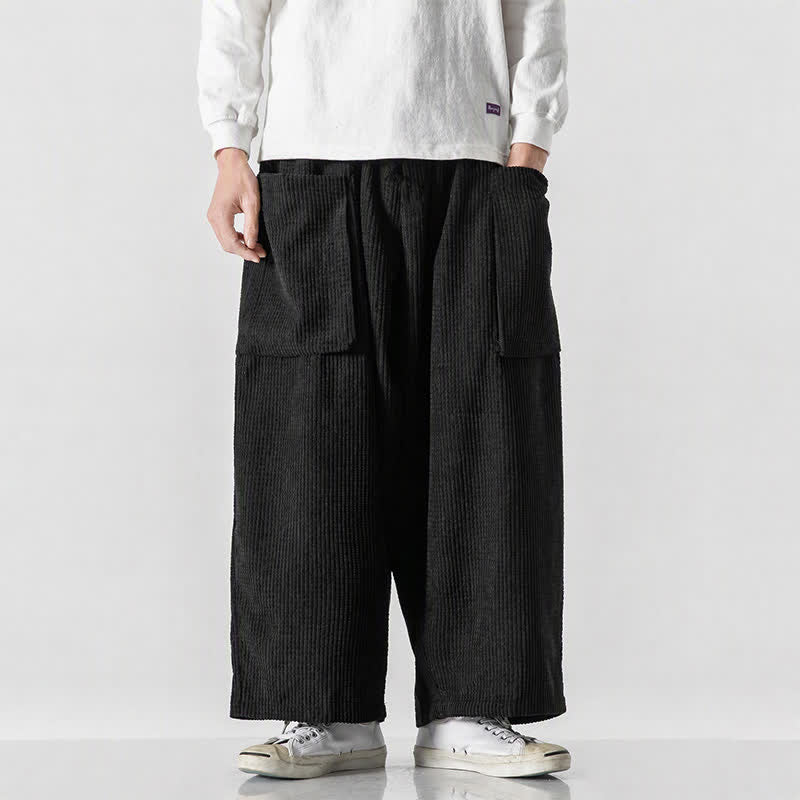 Buddha Stones Fall Winter Vintage Minimalist Drawstring Solid Ankle Pants Corduroy Men's Wide Leg Pants With Pockets - image 1