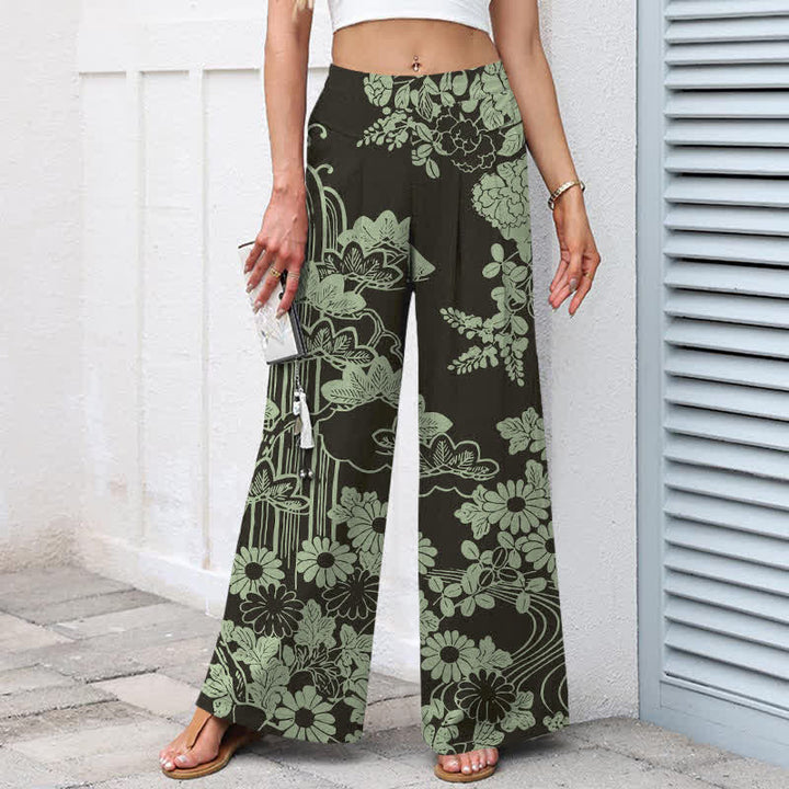 Buddha Stones Cotton Linen Vintage Bloom Pattern Women's Elastic Waist Wide Leg Pants With Pockets - image 1