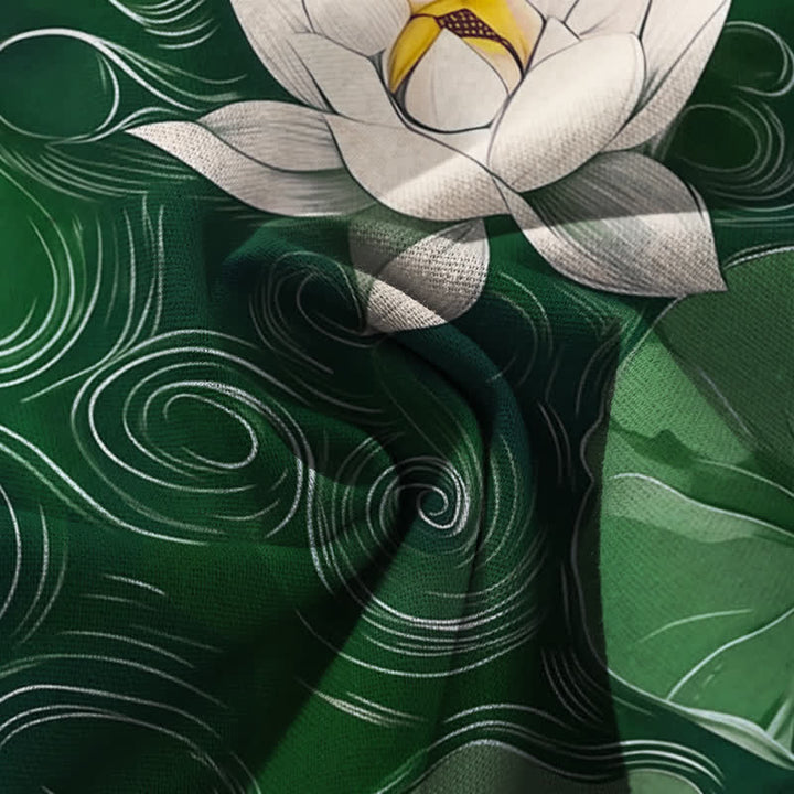 Buddha Stones Cotton Linen Lotus Leaf Floral Pattern Women's Elastic Waist Wide Leg Pants With Pockets - image 3