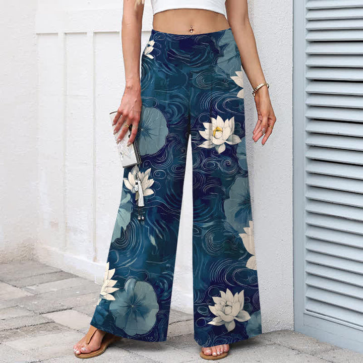 Buddha Stones Cotton Linen Lotus Leaf Floral Pattern Women's Elastic Waist Wide Leg Pants With Pockets - image 5