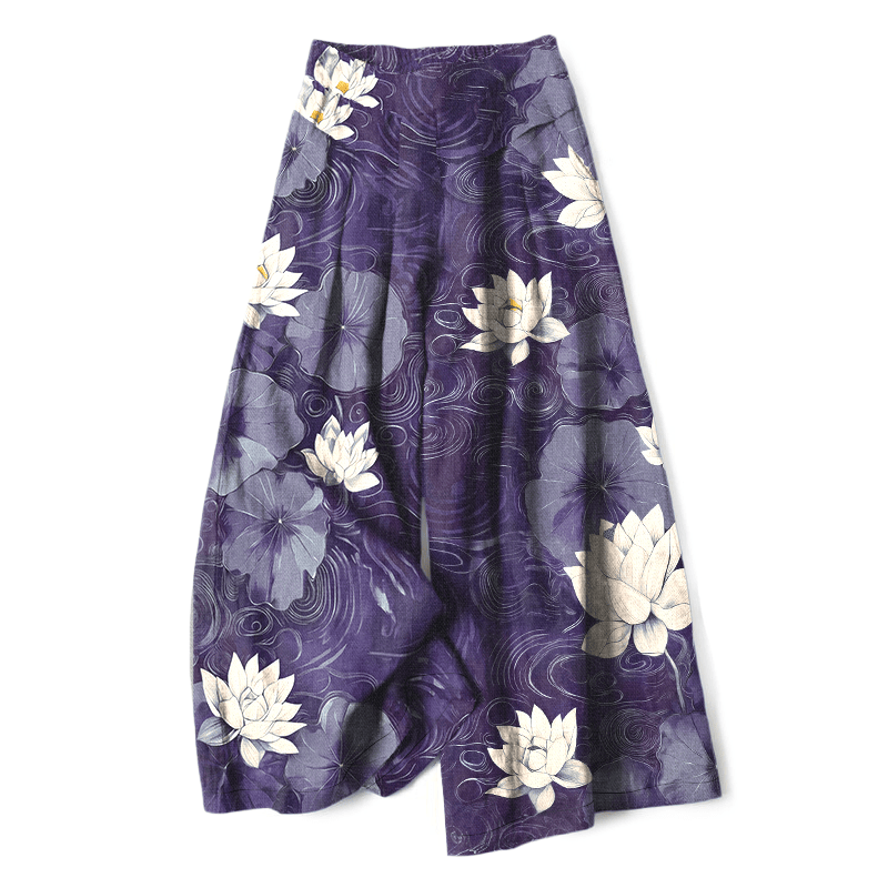 Buddha Stones Cotton Linen Lotus Leaf Floral Pattern Women's Elastic Waist Wide Leg Pants With Pockets - DarkViolet - US16，UK/AU20，EU48 (3XL) - image 6