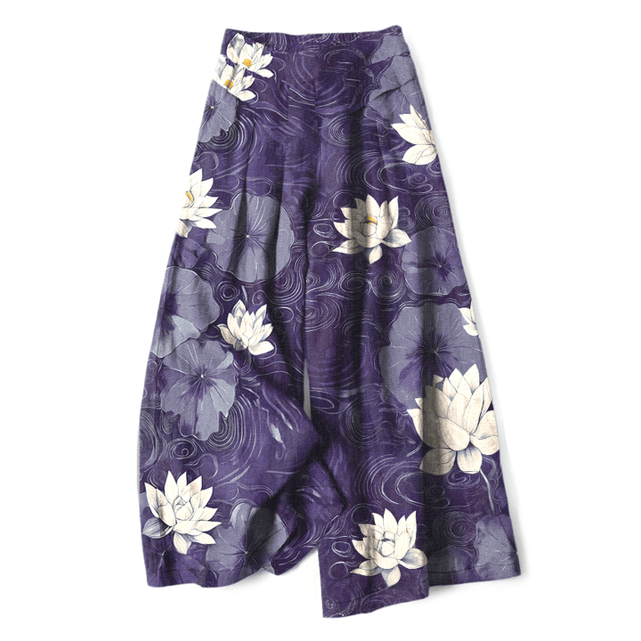 Buddha Stones Cotton Linen Lotus Leaf Floral Pattern Women's Elastic Waist Wide Leg Pants With Pockets - DarkViolet - US16，UK/AU20，EU48 (3XL) - image 6