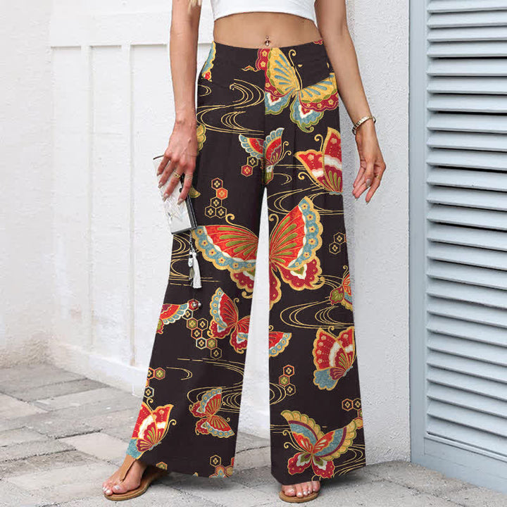 Buddha Stones Cotton Linen Colorful Butterfly Pattern Women's Elastic Waist Wide Leg Pants With Pockets - image 1