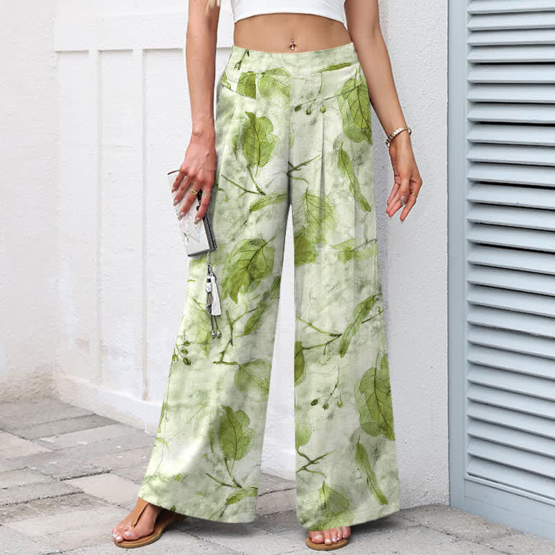 Buddha Stones Cotton Linen Botanical Leaf Pattern Women's Elastic Waist Wide Leg Pants With Pockets - image 5