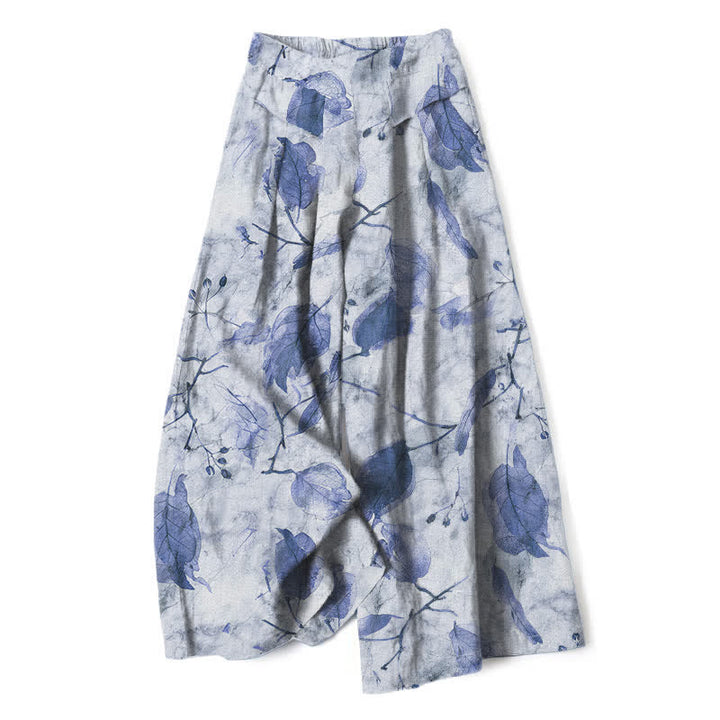Buddha Stones Cotton Linen Botanical Leaf Pattern Women's Elastic Waist Wide Leg Pants With Pockets - LightSteelBlue - US16，UK/AU20，EU48 (3XL) - image 6