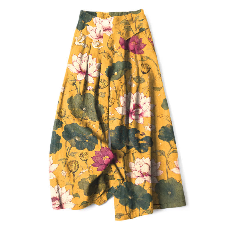 Buddha Stones Cotton Linen Tropical Lotus Bloom Pattern Women's Elastic Waist Wide Leg Pants With Pockets - Goldenrod - US16，UK/AU20，EU48 (3XL) - image 0
