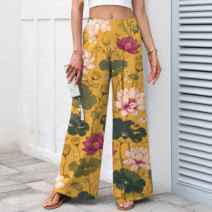 Buddha Stones Cotton Linen Tropical Lotus Bloom Pattern Women's Elastic Waist Wide Leg Pants With Pockets - image 1