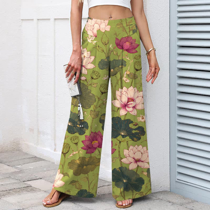 Buddha Stones Cotton Linen Tropical Lotus Bloom Pattern Women's Elastic Waist Wide Leg Pants With Pockets - image 5