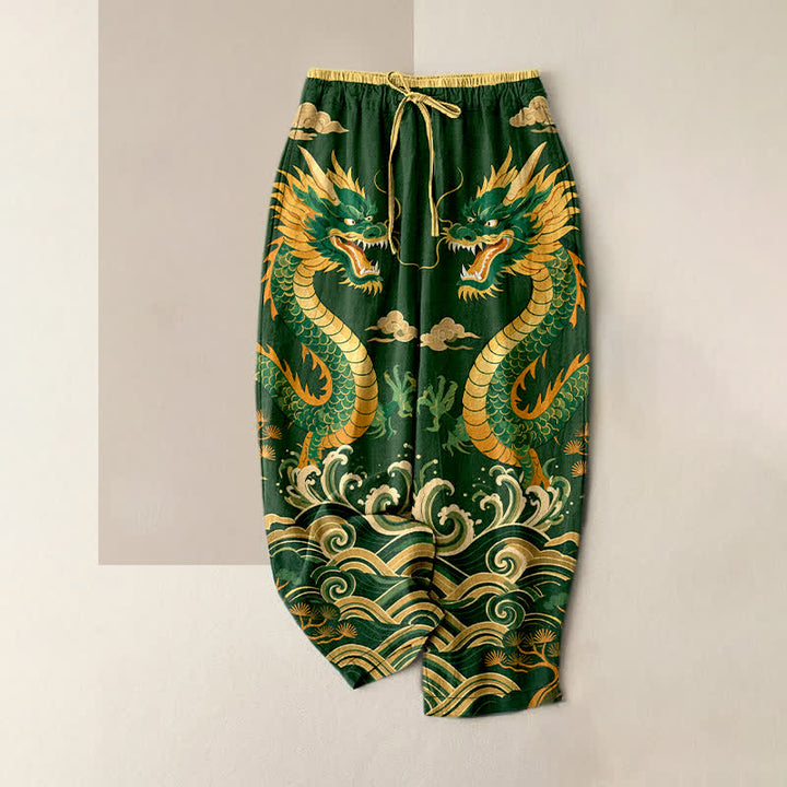 Buddha Stones Pure Cotton Twin Dragon Wave Pattern Women's Elastic Waist Pants With Pockets - ForestGreen - US16，UK/AU20，EU48 (3XL) - image 4
