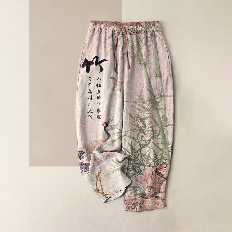 Buddha Stones Pure Cotton Artistic Bamboo Crane Pattern Women's Elastic Waist Pants With Pockets - LavenderBlush - US16，UK/AU20，EU48 (3XL) - image 4
