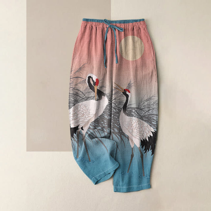 Buddha Stones Pure Cotton Oriental Crane Reed Pattern Women's Elastic Waist Pants With Pockets - LightCoral - US16，UK/AU20，EU48 (3XL) - image 3