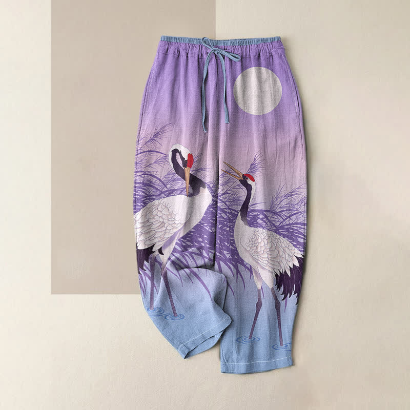 Buddha Stones Pure Cotton Oriental Crane Reed Pattern Women's Elastic Waist Pants With Pockets - MediumPurple - US16，UK/AU20，EU48 (3XL) - image 4