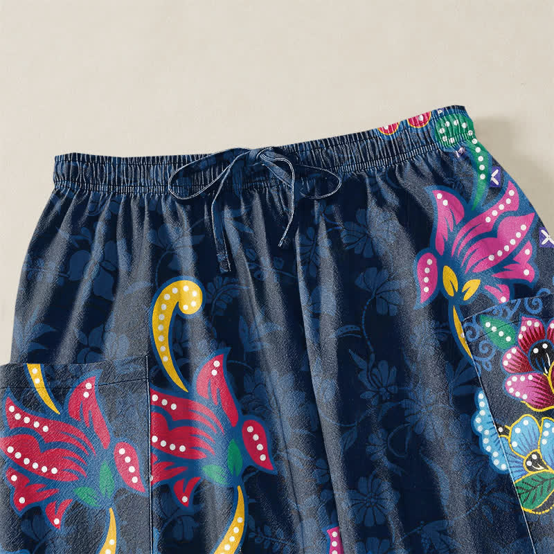 Buddha Stones Cotton Ethnic Bloom Geometric Pattern Women's Elastic Waist Harem Pants With Side Pockets - image 5