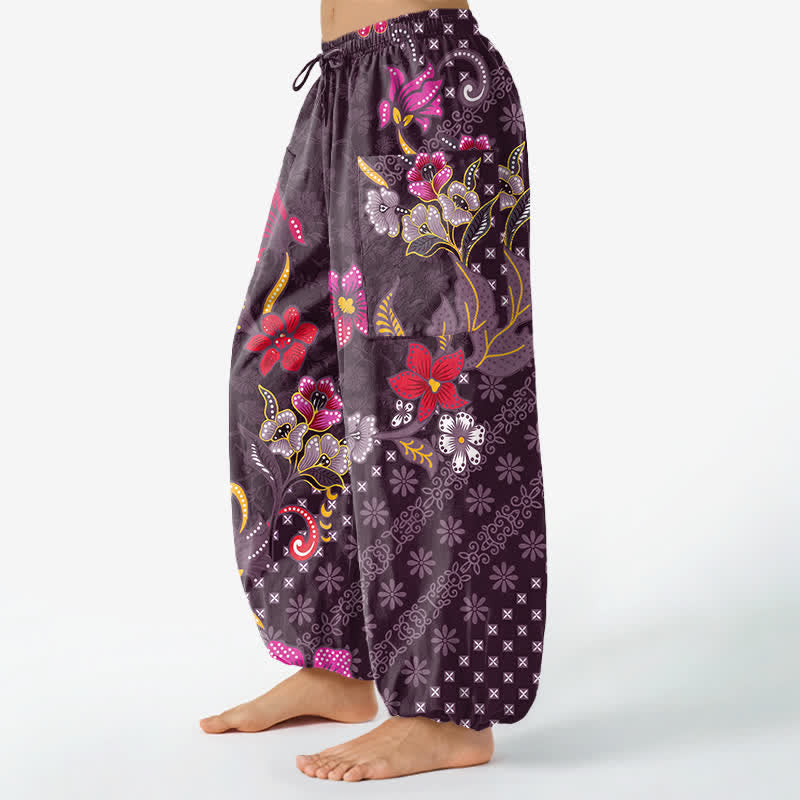 Buddha Stones Cotton Ethnic Bloom Geometric Pattern Women's Elastic Waist Harem Pants With Side Pockets - image 11