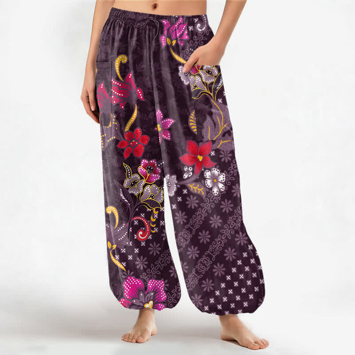 Buddha Stones Cotton Ethnic Bloom Geometric Pattern Women's Elastic Waist Harem Pants With Side Pockets - Purple - US16，UK/AU20，EU48 (3XL) - image 10