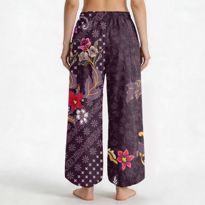 Buddha Stones Cotton Ethnic Bloom Geometric Pattern Women's Elastic Waist Harem Pants With Side Pockets - image 12