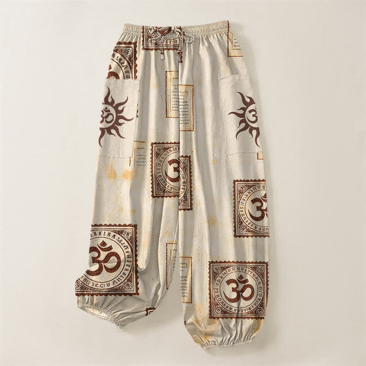 Buddha Stones Cotton Vintage Om Sun Pattern Women's Elastic Waist Harem Pants With Side Pockets - image 3