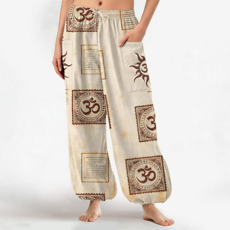 Buddha Stones Cotton Vintage Om Sun Pattern Women's Elastic Waist Harem Pants With Side Pockets - Beige - US16，UK/AU20，EU48 (3XL) - image 0