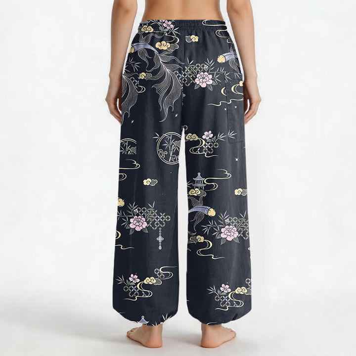 Buddha Stones Cotton Koi Fish Bamboo Cloud Pattern Women's Elastic Waist Harem Pants With Side Pockets - image 2