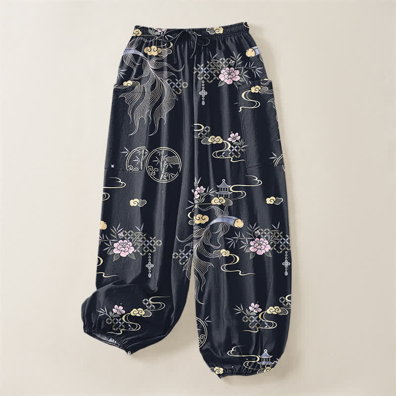 Buddha Stones Cotton Koi Fish Bamboo Cloud Pattern Women's Elastic Waist Harem Pants With Side Pockets - image 3