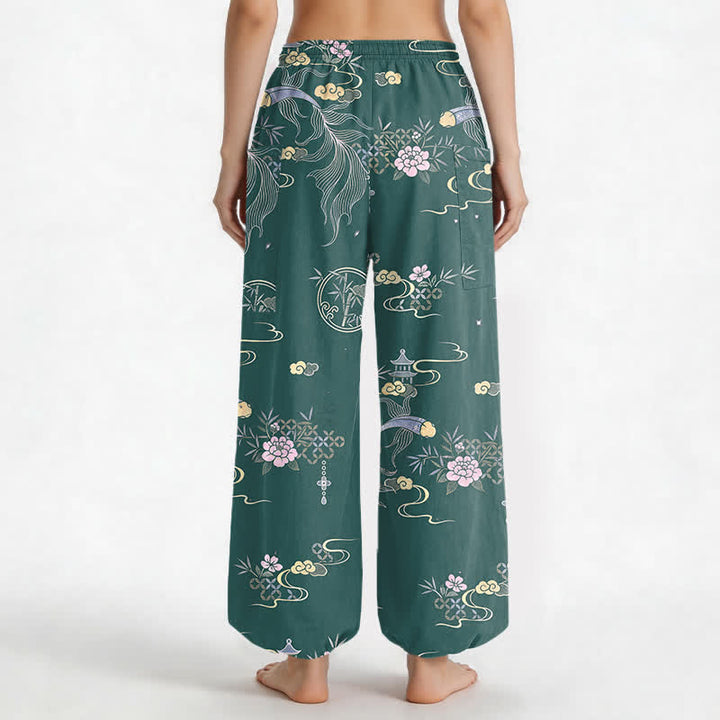 Buddha Stones Cotton Koi Fish Bamboo Cloud Pattern Women's Elastic Waist Harem Pants With Side Pockets - image 12