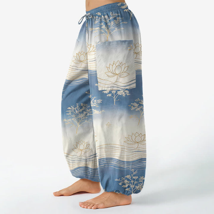 Buddha Stones Cotton Lotus Wave Pattern Women's Elastic Waist Harem Pants With Side Pockets - image 1