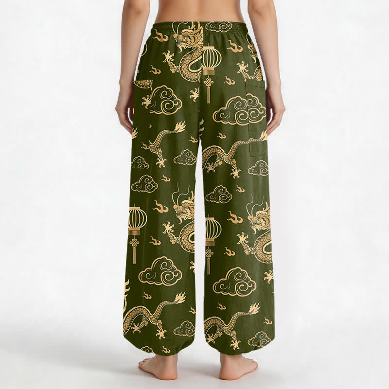 Buddha Stones Cotton Golden Dragon Lantern Pattern Women's Elastic Waist Harem Pants With Side Pockets - image 12