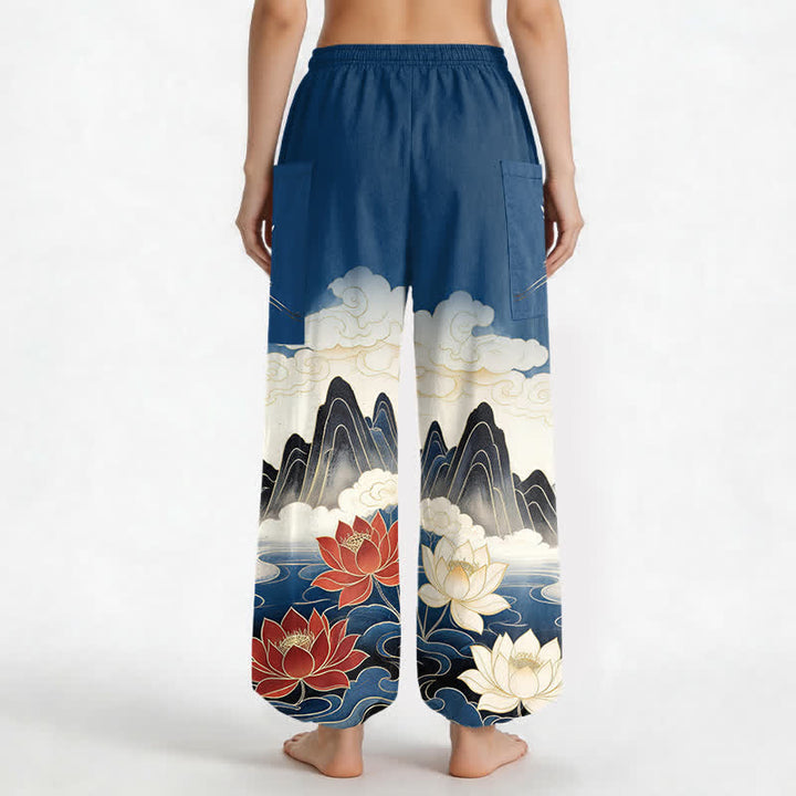 Buddha Stones Cotton Oriental Landscape Lotus Crane Pattern Women's Elastic Waist Harem Pants With Side Pockets - image 2