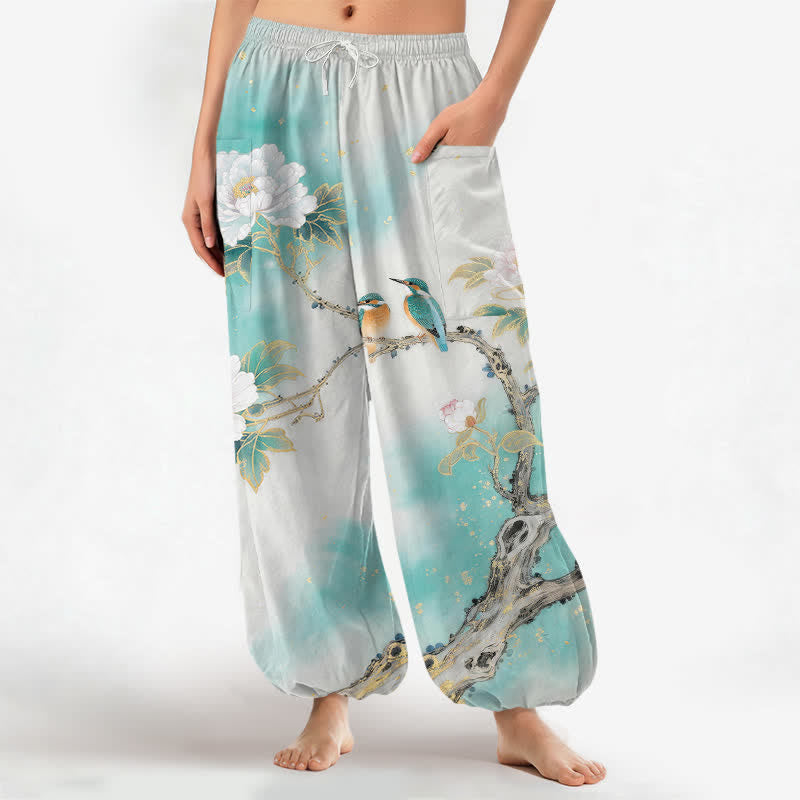 Buddha Stones Cotton Peony Bird Garden Pattern Women's Elastic Waist Harem Pants With Side Pockets - Turquoise - US16，UK/AU20，EU48 (3XL) - image 0