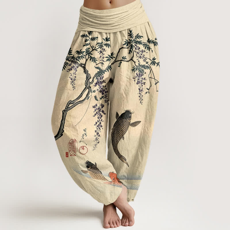 Buddha Stones Cotton Koi Wisteria Pattern Women's Elastic Waist Harem Pants - LemonChiffon - US16，UK/AU20，EU48 (3XL) - image 0