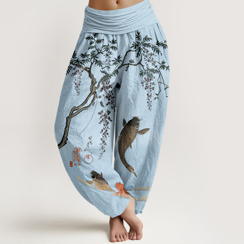 Buddha Stones Cotton Koi Wisteria Pattern Women's Elastic Waist Harem Pants - LightSkyBlue - US16，UK/AU20，EU48 (3XL) - image 5