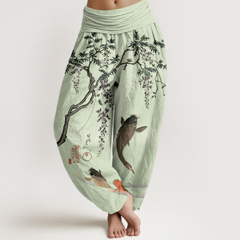 Buddha Stones Cotton Koi Wisteria Pattern Women's Elastic Waist Harem Pants - PaleGreen - US16，UK/AU20，EU48 (3XL) - image 8