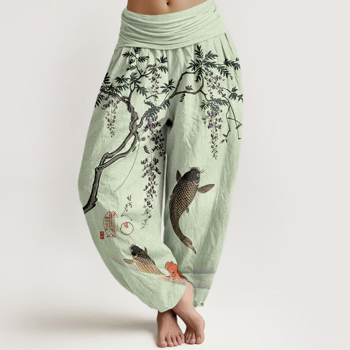 Buddha Stones Cotton Koi Wisteria Pattern Women's Elastic Waist Harem Pants - PaleGreen - US16，UK/AU20，EU48 (3XL) - image 8