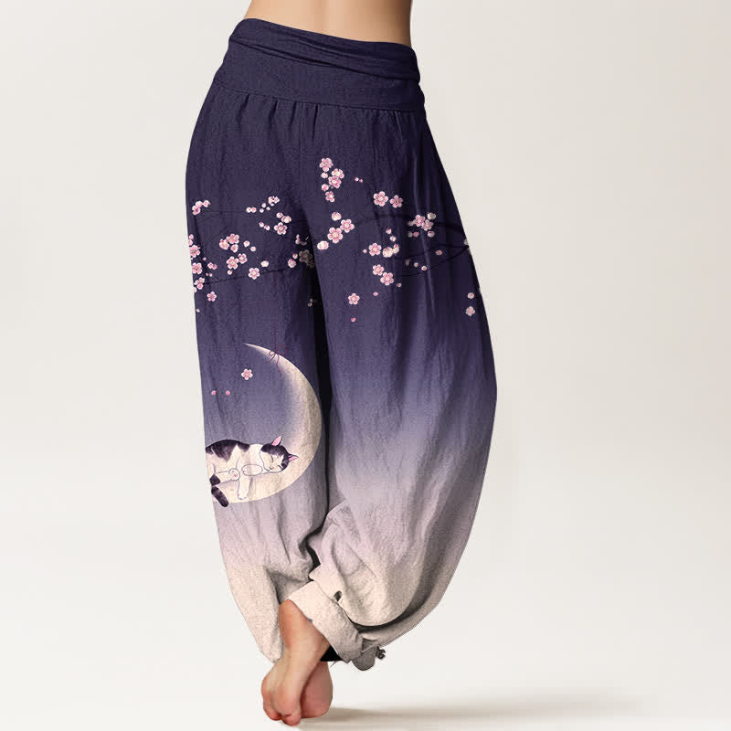 Buddha Stones Cotton Sakura Moon Cat Pattern Women's Elastic Waist Harem Pants - image 7