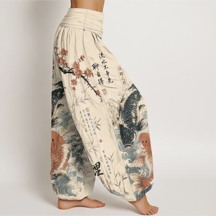 Buddha Stones Cotton Koi Fish Calligraphy Pattern Women's Elastic Waist Harem Pants - image 1