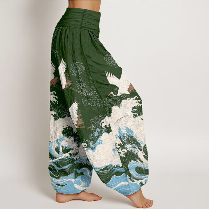 Buddha Stones Cotton Crane Cloud Wave Pattern Women's Elastic Waist Harem Pants - image 6