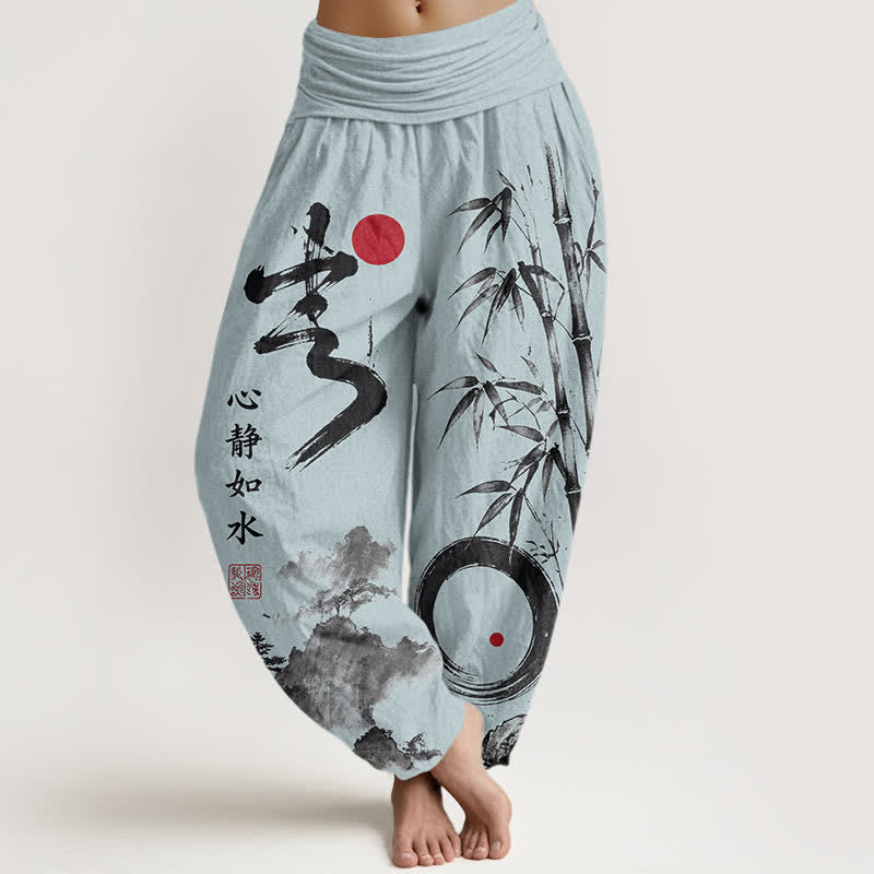 Buddha Stones Cotton Bamboo Ink Landscape Pattern Women's Elastic Waist Harem Pants - PowderBlue - US16，UK/AU20，EU48 (3XL) - image 8