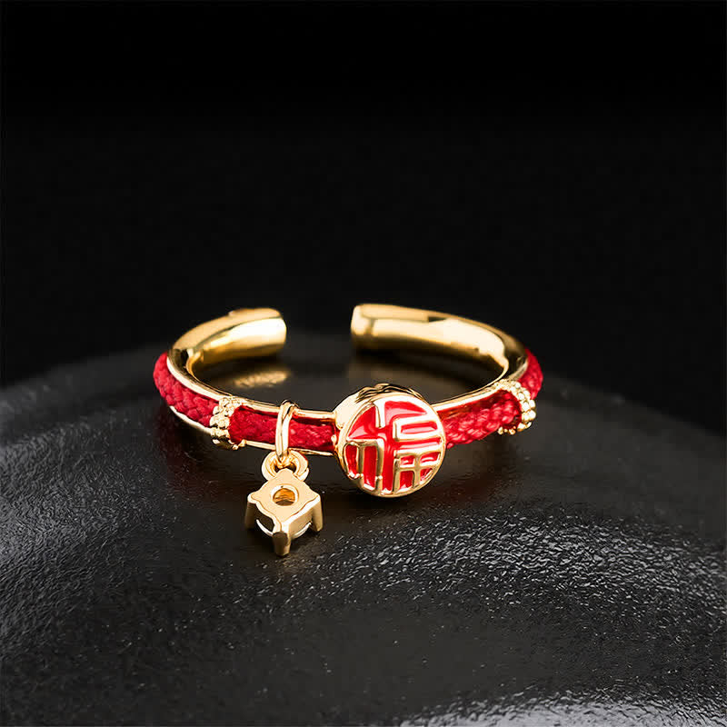 Buddha Stones Red String Round Fu Character Luck Open Ring - image 2